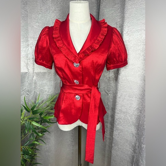 Cachet Women’s Vintage Rhinestone Button Belted Blouse Red Sz 6 Petite - Picture 1 of 9